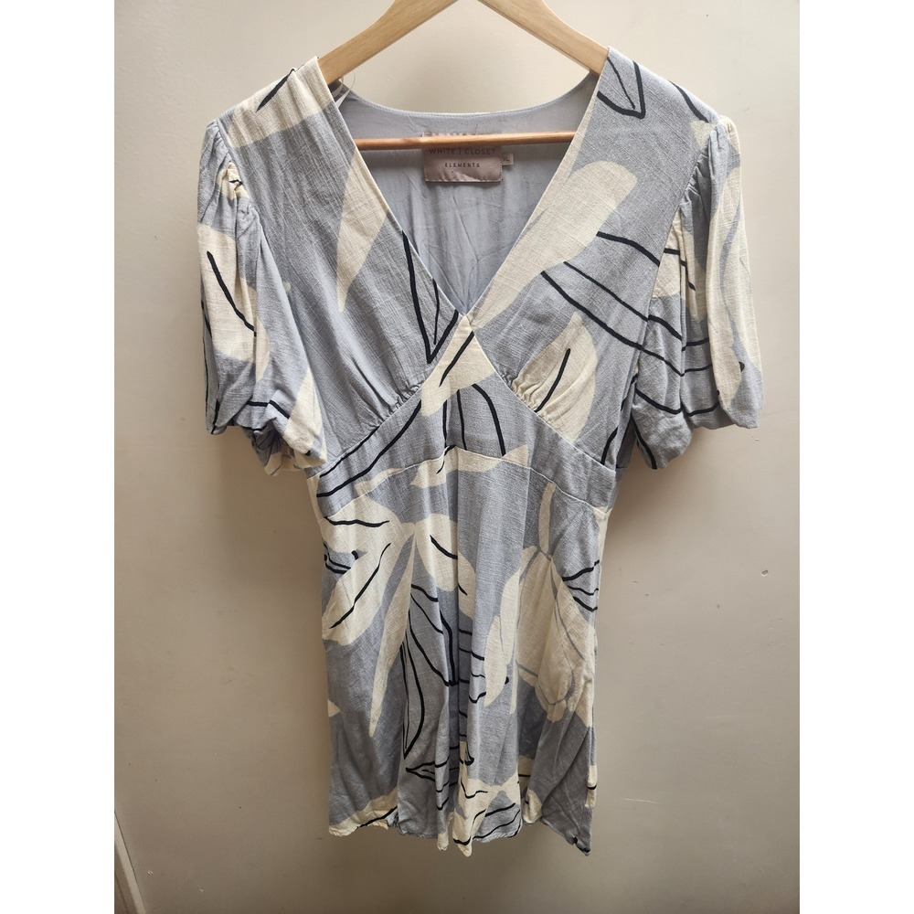 White Closet Elements‎ Blue Leaf Print Linen Blend V-Neck Mini Dress XL